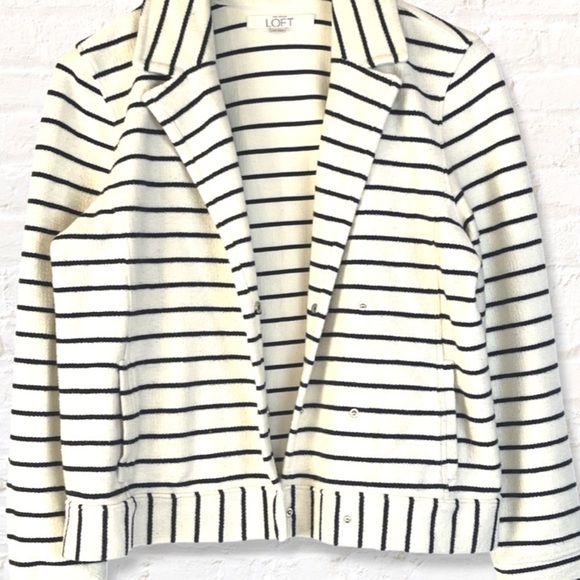 Loft Ann Taylor Snap Button Blazer Jacket Size Medium Striped White Navy Cotton - Picture 4 of 9